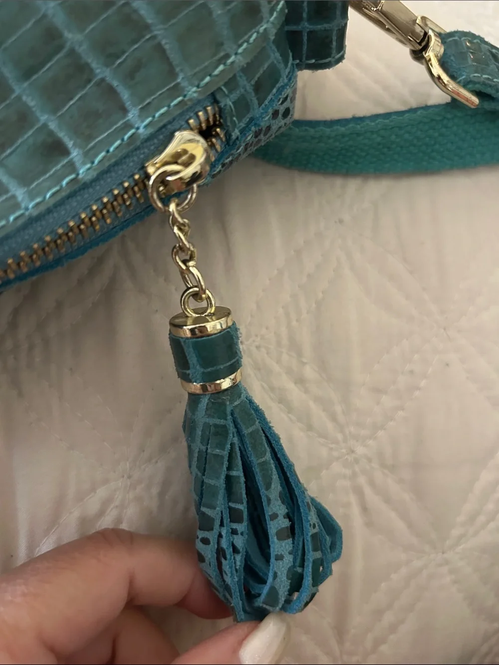 Teal Croc-Embossed Shoulder Bag with Gold Hardware
